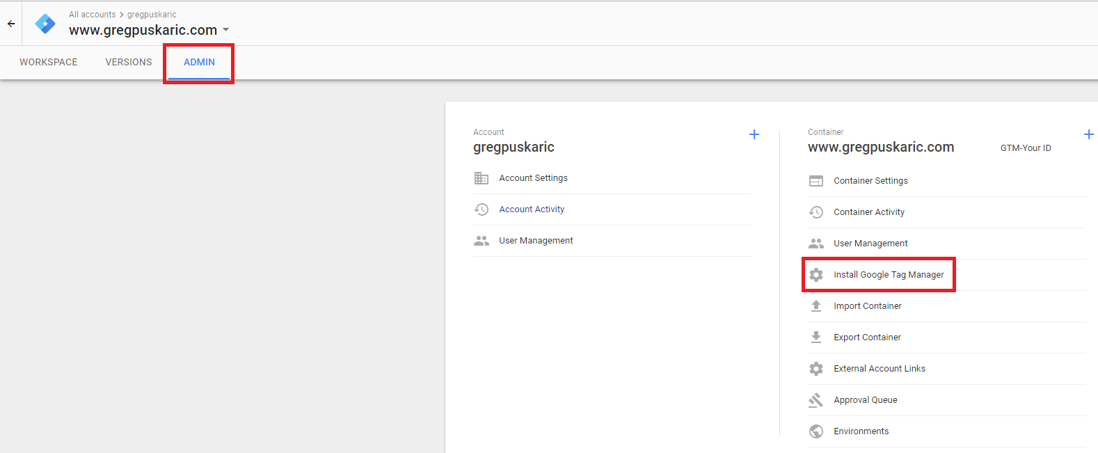 gtm admin page